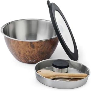 imageSwell Stainless Steel Salad Bowl Kit XL 184oz Angel Food Includes 5oz Canister For Dressing Serving Utensils and Removable Tray Leakproof Easy to Clean Dishwasher and Refrigerator SafeTeakwood