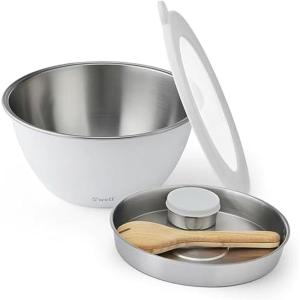 imageSwell Stainless Steel Salad Bowl Kit XL 184oz Angel Food Includes 5oz Canister For Dressing Serving Utensils and Removable Tray Leakproof Easy to Clean Dishwasher and Refrigerator SafeAngel Food