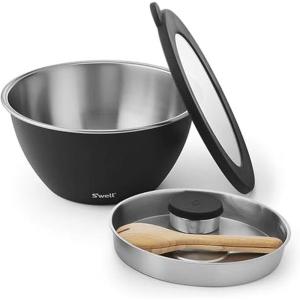 imageSwell Stainless Steel Salad Bowl Kit XL 184oz Angel Food Includes 5oz Canister For Dressing Serving Utensils and Removable Tray Leakproof Easy to Clean Dishwasher and Refrigerator SafeOnyx