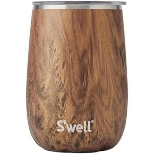 imageSwell Stainless Steel Wine Tumbler 14oz Teakwood Triple Layered Vacuum Insulated Container Keeps Drinks Colder for Longer Splash Proof Slide Open Lid BPA Free BarwareTeakwood