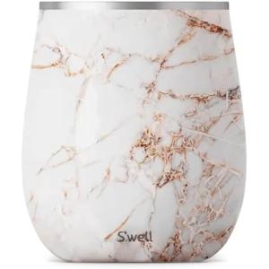 imageSwell Stainless Steel Wine Tumbler 9oz Teakwood Triple Layered Vacuum Insulated Container Keeps Drinks Colder for Longer BPA Free BarwareCalacatta Gold